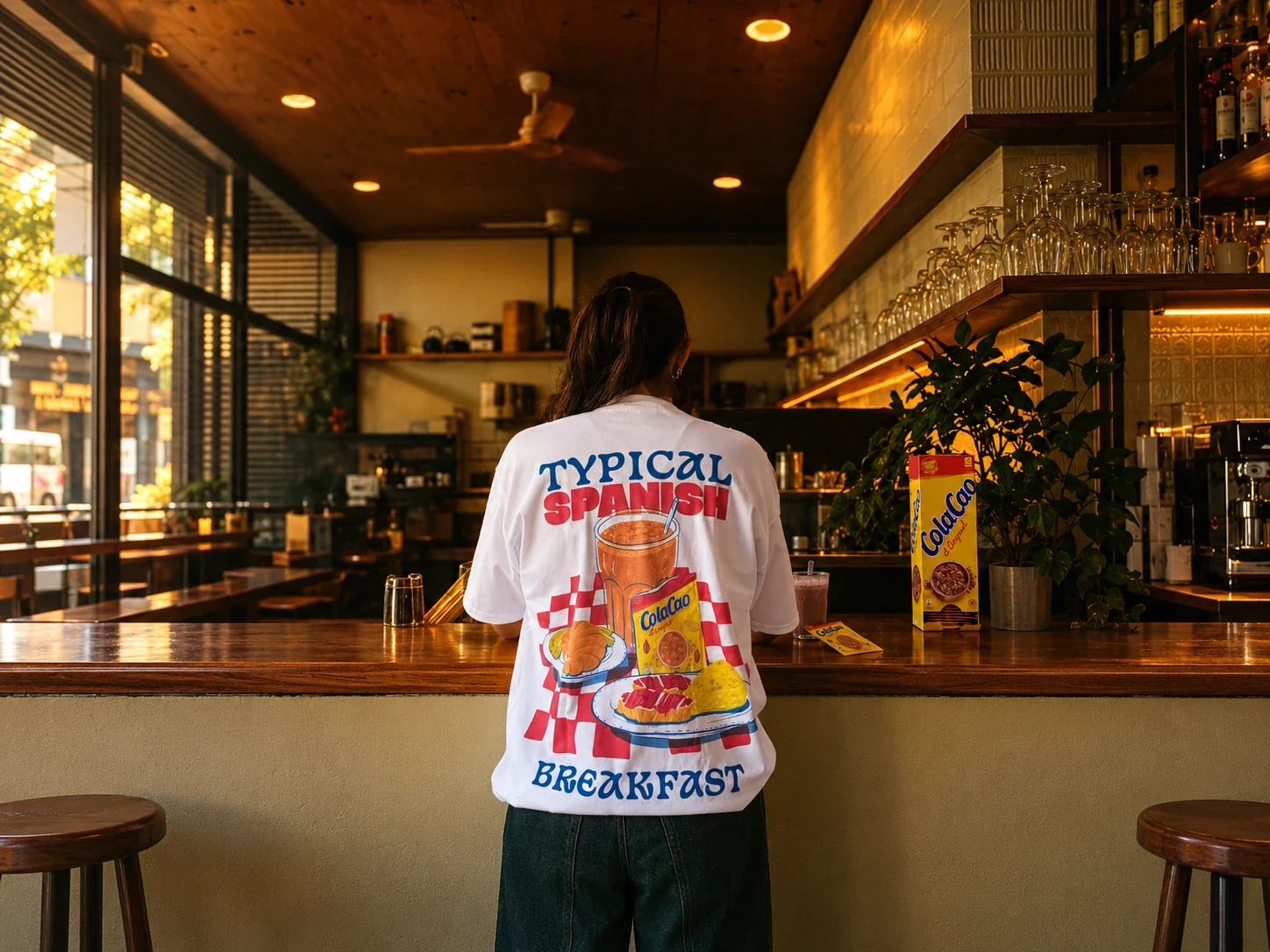 Camiseta Typical Spanish Breakfast de ColaCao fotografiada en un bar
